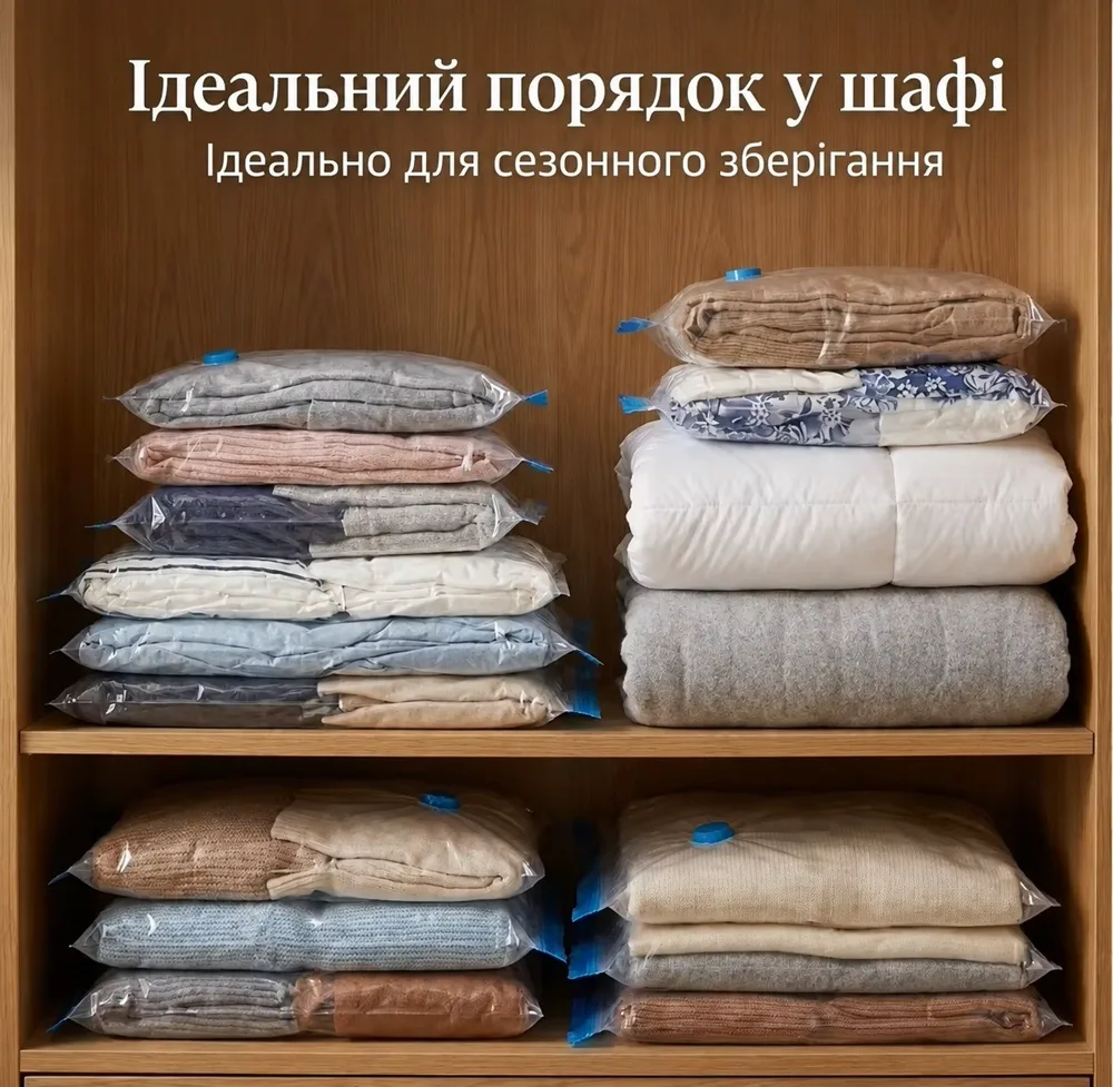 Компактно складені пакети з речами у шафі